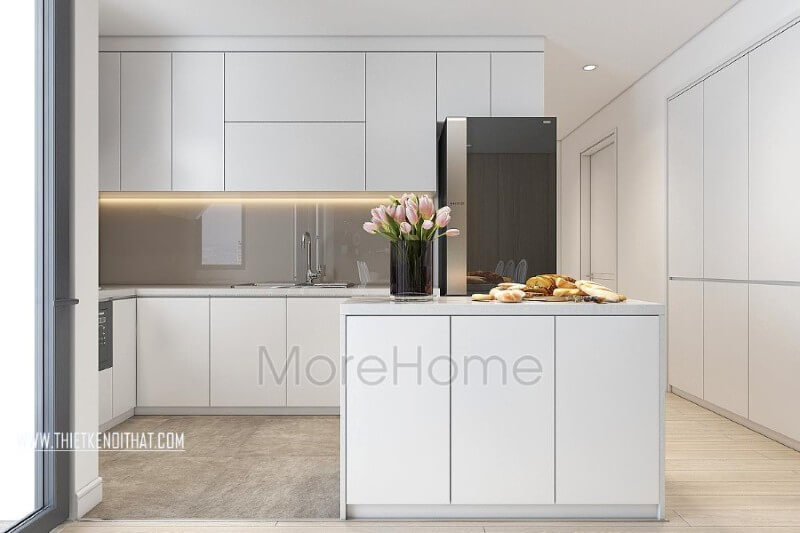 Hệ thống tủ bếp tiện nghi với tone màu trắng hiện đại gợi sự liền mạch trong mẫu thiết kế nội thất chung cư đẹp này Tủ bếp hiện đại, tủ bếp chữ u, tủ bếp chữ i, tủ bếp chữ l
