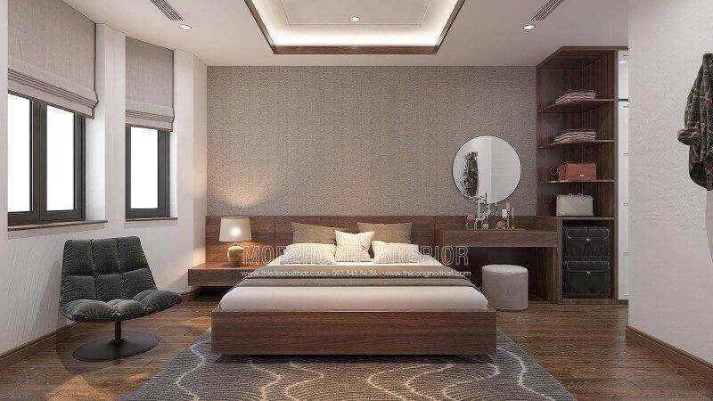 Bạn là người thích sự đơn giản, nhẹ nhàng, Morehome xin giới thiệu quý vị và các bạn mẫu thiết kế nội thất phòng ngủ hiện đại sử dụng chủ yếu với gam màu nâu trầm đơn sắc trong ý tưởng thiết kế nội thất biệt thự tại Vinhomes Imperia Hải Phòng.