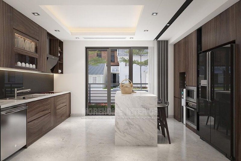 Sắp xếp phòng bếp hiện đại ấn tượng với nội thất gỗ công nghiệp An Cường cao cấp.