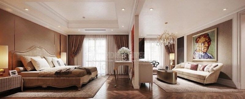Thiết kế nội thất phòng ngủ master ấn tượng với sự phân tách thành phòng ngủ và phòng giải trí nhưng vẫn tạo nên sự thông thoáng, sang trọng.