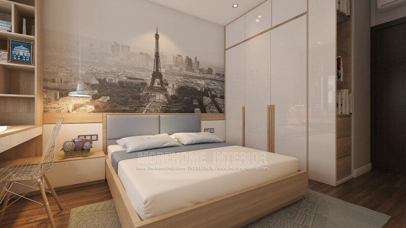 Sự sáng tạo trong trang trí nội thất phòng ngủ nhỏ là rất quan trọng. Việc sử dụng tab đầu giường làm kệ trang trí, tủ quần áo lồng với kệ để đồ cùng đèn thả sẽ tạo ra một không gian đẹp và thông thoáng.